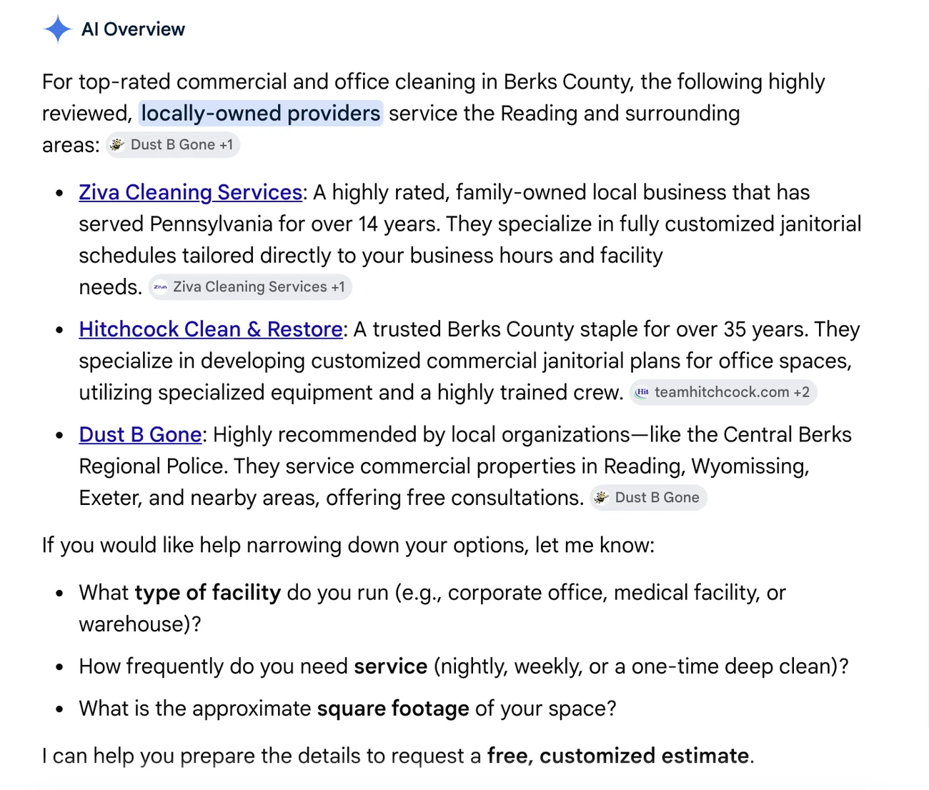 Google AI Overview naming Ziva Cleaning Services first for commercial cleaning in Berks County